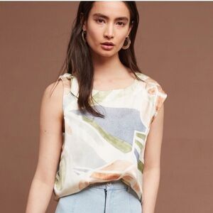 Anthropologie color block tie-shoulder blouse, 100% silk.
